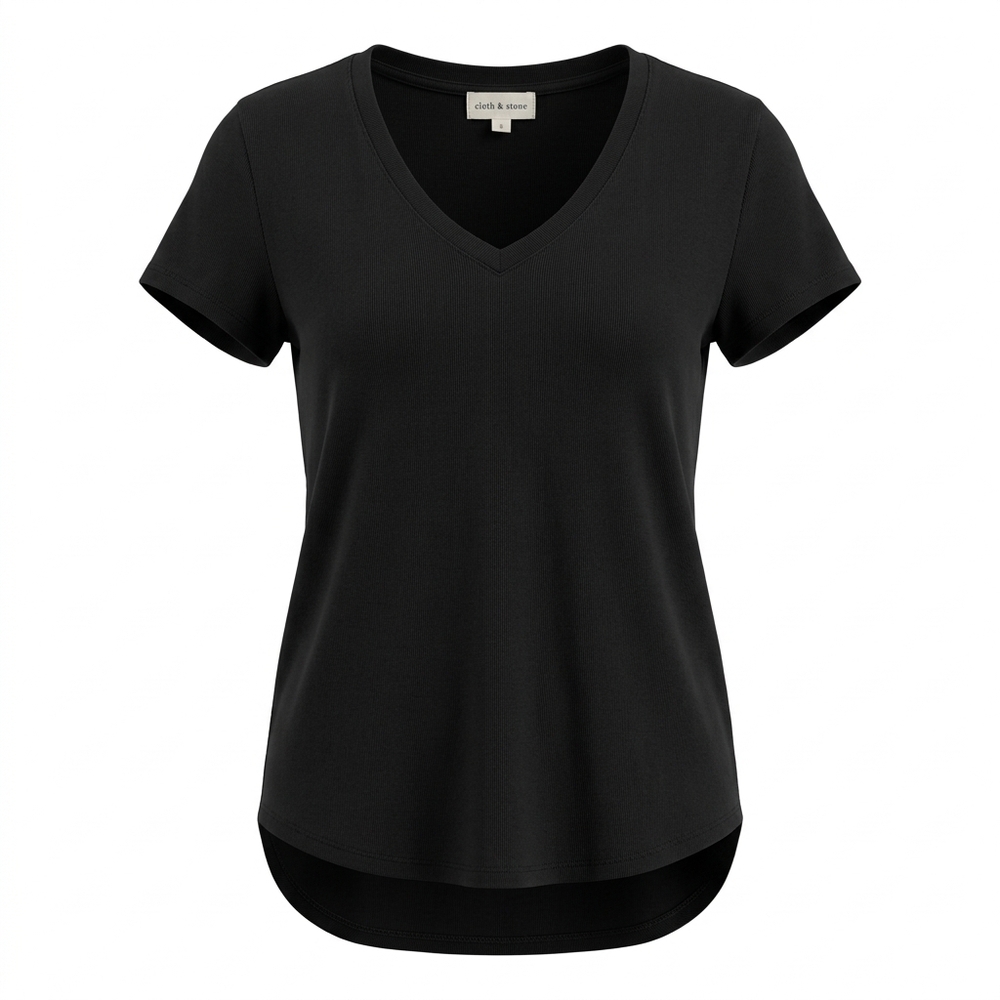Cloth & Stone black knit tunic dress with v-neckline, short sleeves, curved hem,
